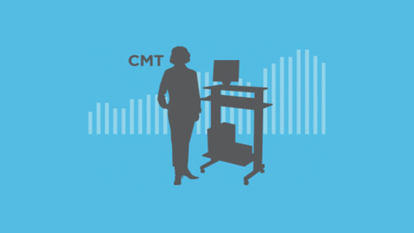 Illustrated silhouette of woman next to a standing desk against blue background. "CMT" written to the left of her head.