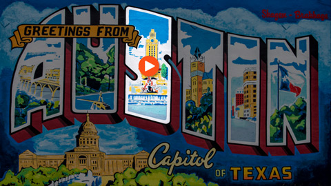 Picture of "Greetings from Austin" painting, with orange play button over it.