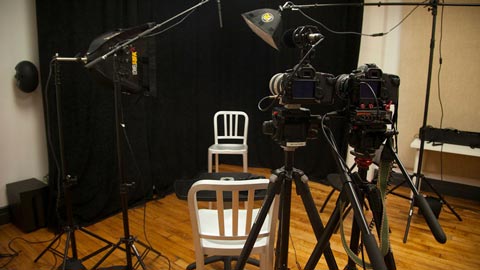 Behind the scenes photograph of an interview recording session.