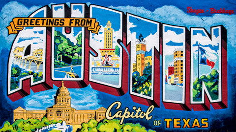 Wall art saying, "Greetings from Austin, Capitol of Texas".