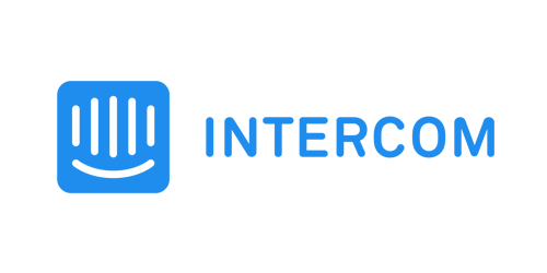 Intercom logo in blue font and white back drop