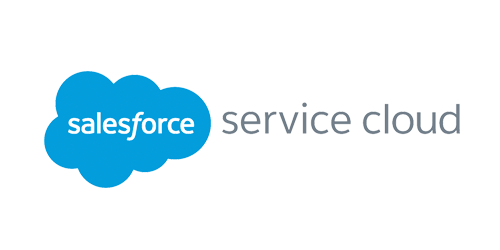 Blue Salesforce cloud logo in white font with service cloud in gray font against white back drop
