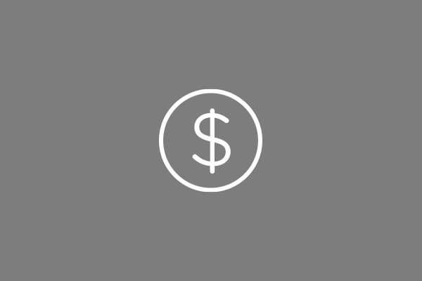 white dollar sign with circle around it on gray background.