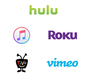 Logo collage of Hulu, Apple TV, Roku, Vimeo, and TiVo