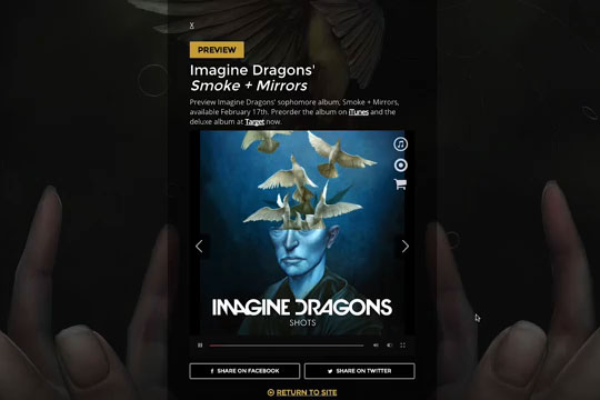 Interactive video player with options to preview or buy "Imagine Dragons" album.