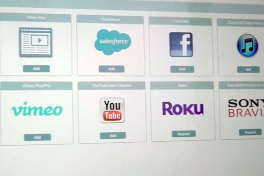 Screenshot of this: Titles or logos for all the uStudio destinations: video site, Facebook, iTunes, YouTube, vimeo, Roku, and Sony Bravia.