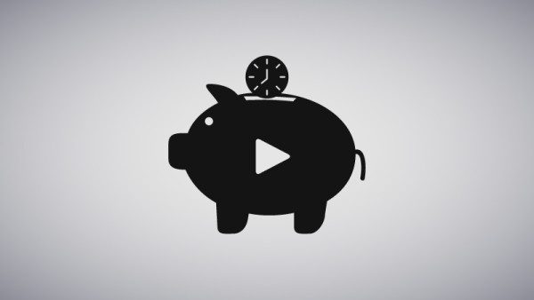 Gray backdrop with a full black cartoon piggy bank with a play button on its side and a clock coin.