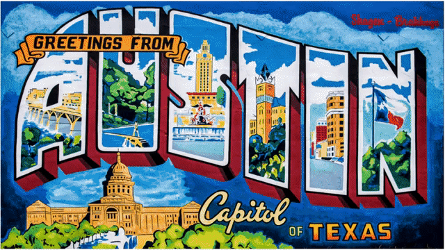 Gif of person clicking on play button on each letter of Austin in the "Greetings from Austin" painting.