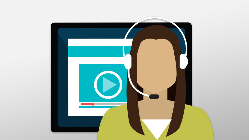 Illustration of a woman with a headset on standing on front of a computer monitor.