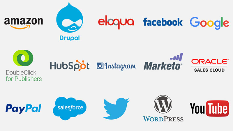 Amazon, Drupal, Eloqua, Facebook, Google, DoubleClick, HubSpot, Instagram, Marketo, Oracle, PayPal, Salesforce, Twitter, WordPress, and YouTube logos.