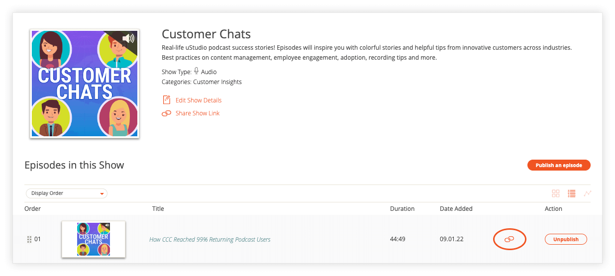 Open Share Link Modal from Show Episode List